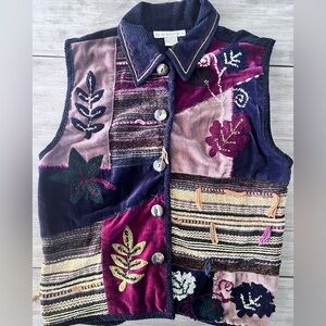 Dress Barn Vintage M Grandpa Core Vest Block Quilt Leaf Print Corduroy Cabincore